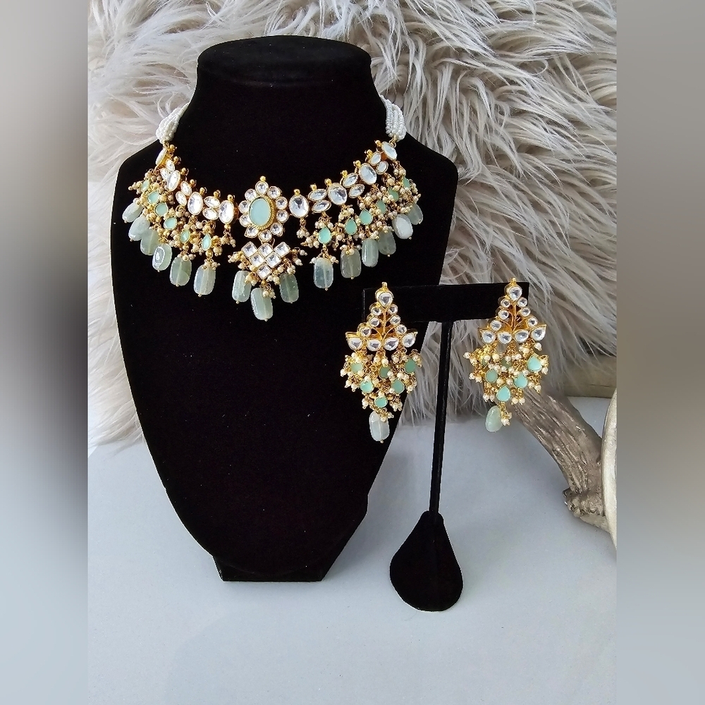 Women's elegant statement jewelry, indian jewelry green, and gold-plated
